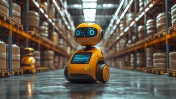Robots navigate efficiently through a state of the art warehouse, enhancing logistics operations and streamlining fulfillment processes in a high capacity environment. photo