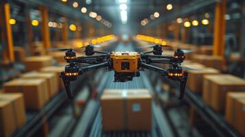 A logistics drone is flying through a busy warehouse filled with neatly stacked packages on conveyor belts, showcasing the future of automated delivery systems. photo