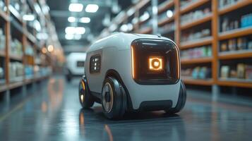 A small robotic delivery vehicle operates within a busy warehouse filled with organized shelving. The device transports goods efficiently, showcasing advancements in logistics technology. photo