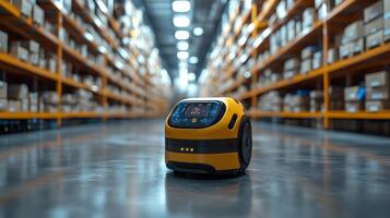 A yellow logistics robot is moving through an organized warehouse filled with stacked boxes, enhancing efficiency in transportation and automated systems for supply management. photo