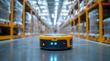 A robot navigates through a logistics facility, optimizing the movement of goods in a modern warehouse designed for streamlined fulfillment and effective distribution. photo