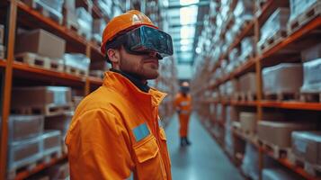 Workers in bright uniforms utilize virtual reality tools inside a large warehouse designed for logistics and distribution, optimizing performance in a fast paced environment. photo