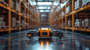A sleek drone sits on a shiny floor in a spacious warehouse filled with organized shelves of packages. The environment is bright, showcasing advanced logistics and automation capabilities. photo