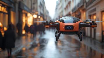 An autonomous drone operates in a bustling city street, efficiently navigating through pedestrians on a rainy day. It showcases modern advancements in logistics and transportation technology. photo