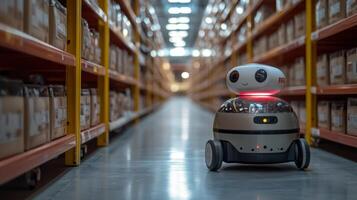 A delivery robot is actively moving along a corridor in a warehouse filled with shelves of packages. The advanced technology highlights the future of transportation and logistics. photo