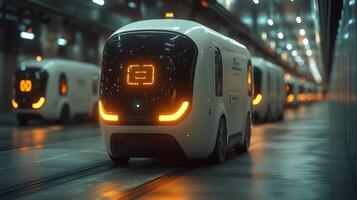 Several autonomous delivery vehicles are lined up in a high tech logistics facility, illuminated by ambient lights, showcasing the future of transportation and last mile delivery solutions. photo