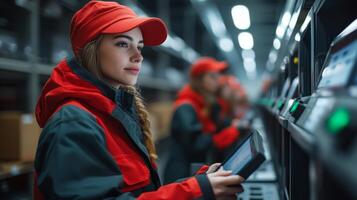 A logistics worker in a red cap and jacket operates a handheld device to manage inventory in a bustling fulfillment center. Multiple employees are engaged in their tasks around her. photo