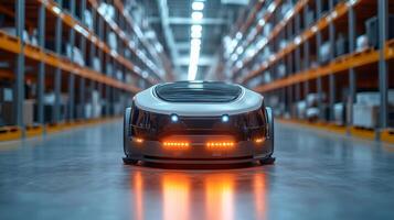 A robotic vehicle moves autonomously through a well organized logistics center. Shelves are stocked with various goods, highlighting the importance of automation in modern supply chains. photo