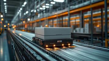 An autonomous robot navigates a conveyor system in a high tech logistics facility. It efficiently delivers packages, showcasing advancements in automated transportation and mobility. photo