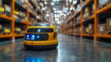 An autonomous robot is actively moving along the floor of a large warehouse, efficiently navigating between rows of neatly arranged boxes on shelves. photo