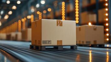 A busy distribution center showcases an automated conveyor system that transports packages on pallets, enhancing logistics and fulfillment processes for speedy delivery. photo
