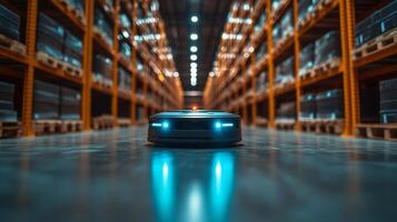 A robot moves efficiently through an extensive warehouse, illuminated by bright lights. It navigates shelves stacked with pallets, emphasizing automation in logistics. photo