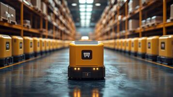 A robotic delivery vehicle navigates through a high tech warehouse filled with shelves and boxes, showcasing advanced automation in logistics and distribution processes. photo