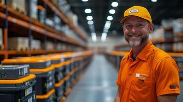 A professional smiles while standing in a well organized warehouse filled with storage units. Bright lighting enhances the efficient atmosphere of logistics and mobility operations. photo