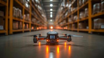 A drone equipped for transportation is positioned in a warehouse aisle. Automated technology enhances delivery efficiency as it prepares for last mile service in the evening. photo