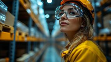In a well organized logistics center, a woman with safety goggles and a helmet observes the automated processes. Rows of inventory surround her, showcasing efficient infrastructure. photo
