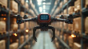 A futuristic drone hovers within a spacious warehouse filled with stacked containers, showcasing advancements in logistics and automated delivery systems aimed at improving mobility. photo