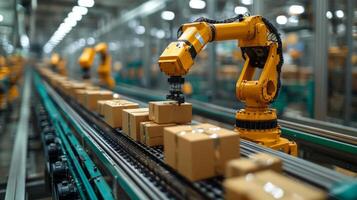 A robotic arm is actively sorting packages on a conveyor belt within a logistics facility. The advanced system optimizes transportation for last mile delivery, showcasing innovative automation. photo