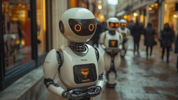 Robots designed for autonomous delivery are seen moving through a crowded urban area, focused on logistics and streamlining transportation for last mile services during daytime. photo