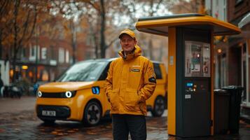 A technician stands confidently beside a vibrant electric vehicle at a modern charging station, highlighting advancements in transportation and renewable energy into urban areas. photo