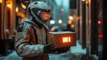 A delivery robot holds a package in a bustling urban area, showcasing the intersection of automation and logistics during an evening delivery. photo