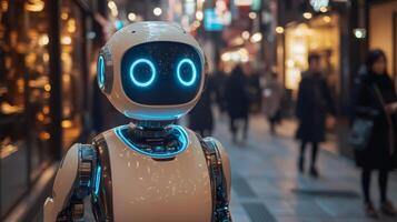 A robotic assistant moves through a busy urban street, highlighting advancements in logistics technology and automation in last mile delivery. Bright lights and shops create a vibrant backdrop. photo