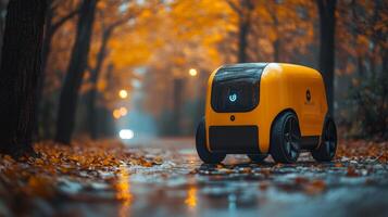 A robotic delivery unit moves along a tree lined path covered with orange and yellow leaves, showcasing the blend of nature and modern transport solutions in fall weather. photo
