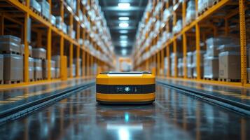 A robot operates autonomously within a bustling warehouse, traversing between storage racks. Its task is to streamline fulfillment and enhance logistics processes efficiently. photo