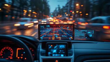 An advanced display inside an autonomous vehicle showcases real time data about urban traffic and infrastructure while navigating through a bustling city at twilight. photo