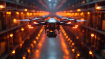 A drone is actively flying in a spacious logistics warehouse, equipped with automated systems for efficient inventory management and fulfillment processes during nighttime. photo