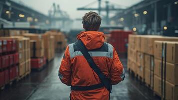 A worker wearing an orange jacket walks through a logistics center bustling with activity, surrounded by stacks of shipping containers and pallets on a cloudy day. photo