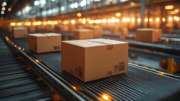Packages are moving along a conveyor belt in a modern logistics center, highlighting the use of automation in improving efficiency for distribution and fulfillment. photo