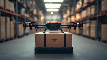 A drone hovers over a package in a busy warehouse, showcasing advanced automation in logistics and transportation for efficient last mile delivery solutions. photo