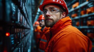 Staff in safety gear oversee advanced logistics technology and automation systems in a busy distribution center, ensuring efficient operations and workflow management. photo