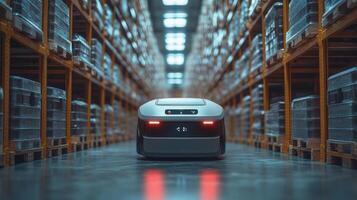 A robot is moving through a well organized warehouse filled with stacked pallets, showcasing advancements in automation and technology for streamlined logistics and distribution. photo