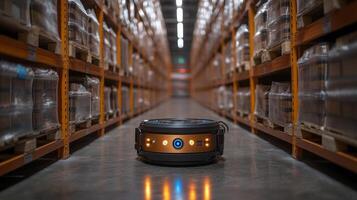A robotic delivery device operates in a logistics warehouse, moving between rows of shelves stacked with packages. The environment is well lit, enhancing the automation of the delivery process. photo