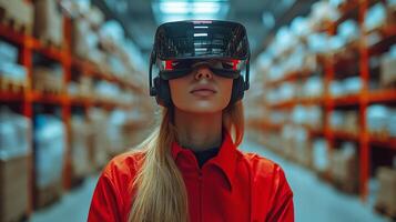 A woman experiences virtual reality technology while wearing a headset in a busy warehouse environment where logistics and automation play key roles in operations. photo
