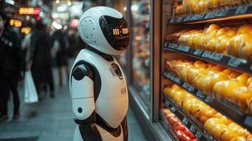 A robotic delivery assistant stands next to a vending machine stocked with products in a busy urban area, showcasing advancements in automated transportation technologies for logistics. photo