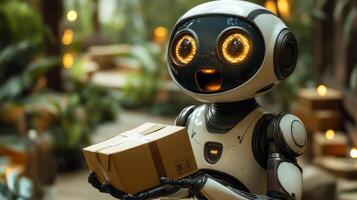 A small delivery robot with a friendly appearance holds a package in a lush indoor setting, highlighting advancements in automation and mobility for logistics. photo