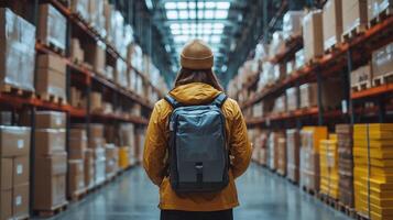 A person stands in a logistics center, surveying the neatly arranged shelves filled with boxes. The atmosphere reflects efficient operations and transportation activities. photo