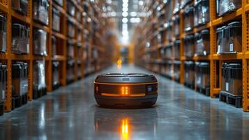 A robotic system navigates through an organized warehouse, streamlining transportation of goods between shelves and maximizing distribution efficiency during peak operation hours. photo