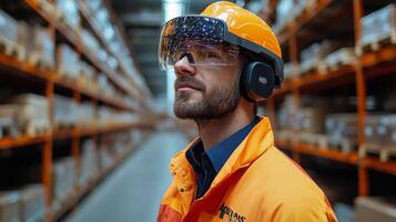 A logistics worker wearing a safety helmet and glasses examines inventory in a warehouse designed for automation and efficient transportation of goods across the distribution network. photo