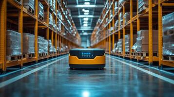 A robotic device navigates between rows of shelf racks in a well organized warehouse, facilitating the movement of goods and streamlining distribution processes. photo