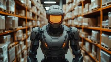 A robotic delivery system is operational in a warehouse, navigating between shelves of packaged goods, showcasing automation in logistics and last mile delivery solutions. photo