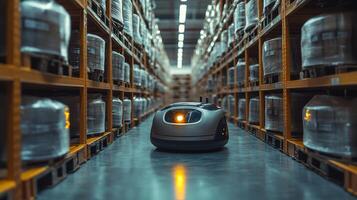 A small automated robot moves along a well organized warehouse aisle, working to manage inventory and support distribution activities in a logistics center focused on efficiency. photo