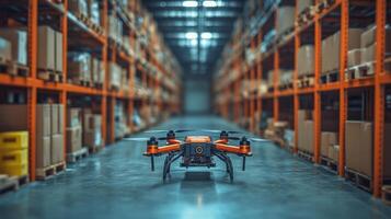A drone is preparing for operation in a spacious warehouse filled with stacked cardboard boxes, illustrating advanced logistics and automated transportation methods for deliveries. photo