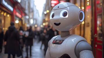A robotic delivery assistant stands on a bustling urban street, interacting with pedestrians and showcasing advancements in logistics and automation technology for last mile delivery. photo