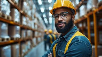 A man in safety gear stands confidently in a busy warehouse, where workers are engaged in transporting packages. The setting emphasizes logistics and streamlined operations. photo