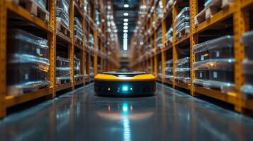 A robotic unit moves autonomously through a busy warehouse, managing inventory as it navigates between shelves filled with packaged goods ready for distribution. photo