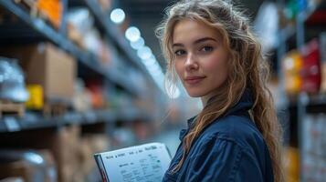 A logistics expert inspects inventory in a well organized warehouse, ensuring efficient transportation and fulfillment solutions. The environment reflects advanced automation and mobility measures. photo